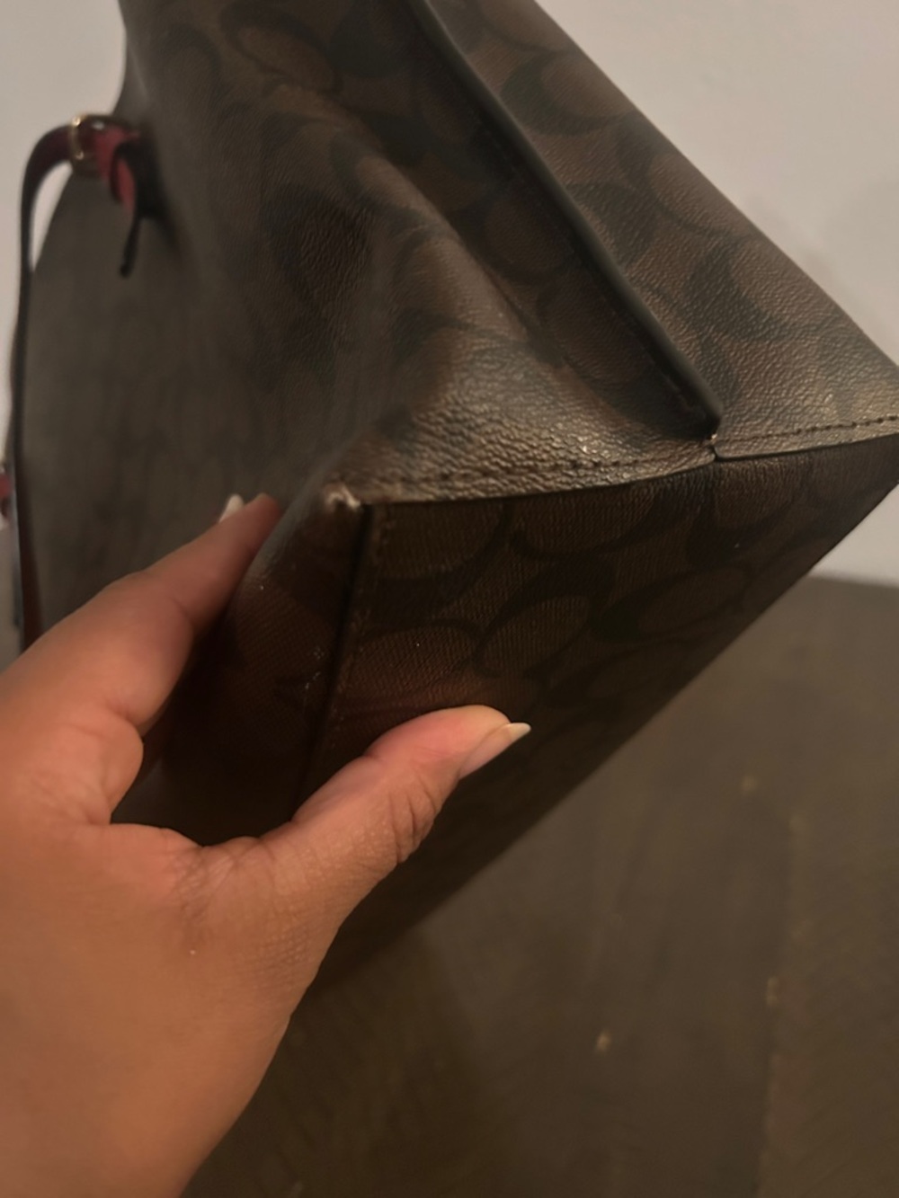 Coach Brown Signature Tote with Red Leather Straps - Picture 9 of 11